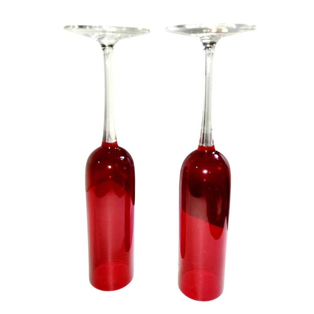 Set of Two Vintage Ruby Glass Champagne Flutes with Clear Stems - Picture 2 of 5